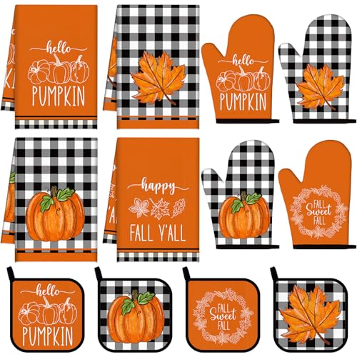 12 Pcs Fall Kitchen Towels and Oven Mitt Sets 4 Maple Leaf Oven Mitts 4 Harvest Dish Towels and 4 Plaid Pot Holders Pumpkin Cooking Accessories for Thanksgiving Autumn Kitchen Decoration - style: Maple Leaf