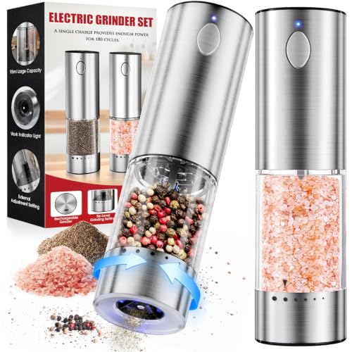 WOWBOX Electric Salt and Pepper Grinder Set, 2 PCS Rechargeable 95L Large | Stainless Steel, Large Capacity, Electric Grinding System, Kitchen Seasoning Tool, BBQ Outdoor Restaurant, With LED light