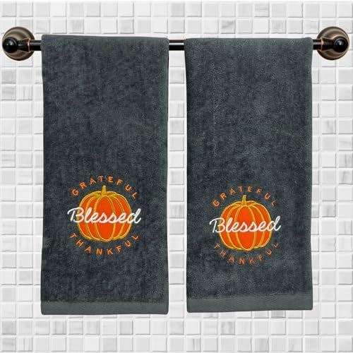 Harvest Fall Hand Towels for Bathroom: Plush Gray Grey Embroidered Grateful Thankful Blessed Orange Pumpkin Design for Bath, 100% Cotton, 16" x 25" Inches, Oeko-TEX Certified - color: Grateful
