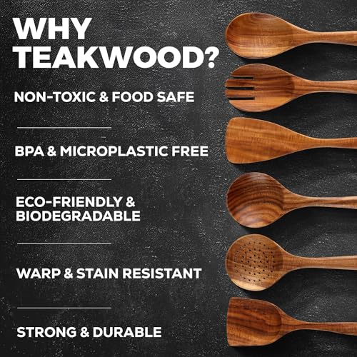 Zulay Kitchen 6 Piece Wooden Spoons for Cooking – Natural Teak Wooden Utensil Set, Easy to Clean, Durable, Smooth with Comfort Grip - Non Toxic Wooden Cooking Utensil Sets - size: 6 Piece