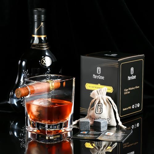 Cigar Whiskey Glass with Cigar Holder - 12oz Old Fashioned Glass with Side Mounted Rest - Bourbon Glass Cigar Accessories with Whiskey Stones and Recipe, for Men/Husband