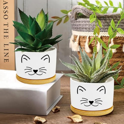 Cat Succulent Pots for Window Garden Cat Gifts for Women 3 Inch | Small Planters with Drainage and Bamboo Tray,Decor for Office Home,Windowsill,Cat Gifts for Women Mom (No Plants Included) - style: Cat Black