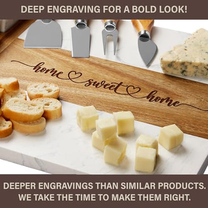 EMM Marble Cutting Board Set, Charcuterie Cheese Boards, 3 Bowls, 3 Spoons, 4 Charcuterie Utensils, Meat, Fruits, Vegetables, Housewarming, Wedding - Home Sweet Home - style: Marble-Home Sweet Home