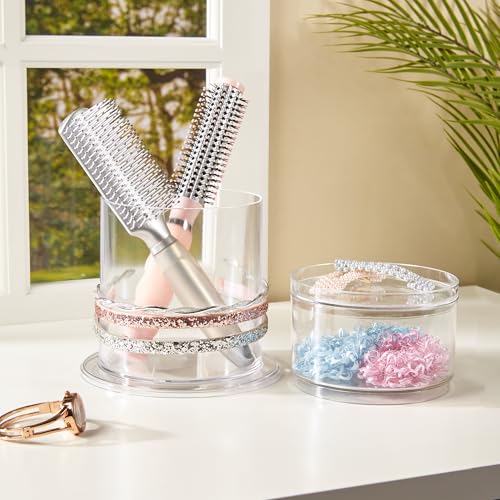 STORi Bella Stackable Clear Plastic Hair Accessory Organizer Set | Round Headband and Hairbrush Holder Stacks on The Storage Containers with Tray Lid | Made in USA - style: Headband Holder w/ Compartment