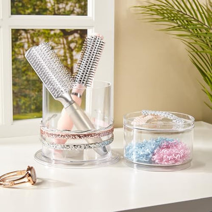 STORi Bella Stackable Clear Plastic Hair Accessory Organizer Set | Round Headband and Hairbrush Holder Stacks on The Storage Containers with Tray Lid | Made in USA - style: Headband Holder w/ Compartment