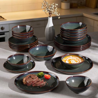 Herogo Stoneware Dinnerware Sets for 6, 24 Piece Ceramic Dinner Dishes Set, Irregular Handmade Plates and Bowls Dishware, Crack and Scratch Resistant, Reactive Glaze, Lichen Green - color: Lichen Green, size: 6 Set (24pcs)