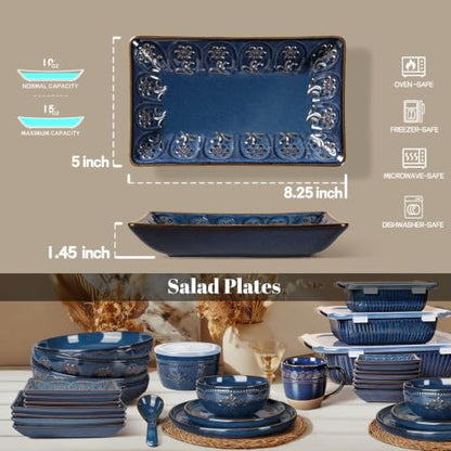 Appetizer Plates Set of 4, 8.25" Embossed Ceramic Rectangular Dessert Plates, Deep Lipped Edges, Microwave & Dishwasher Safe, Salad Sushi Snack Serving Plates (Blue, Pinwheel Flower) - color: Blue (Pinwheel Flower), size: 8.25 inch