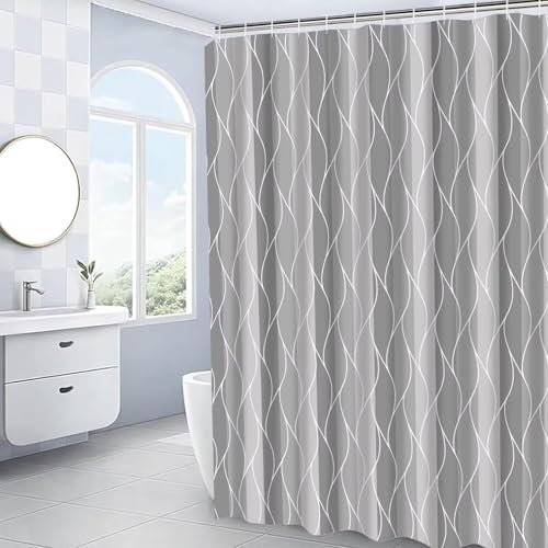 DDQQ 4Pcs Grey Wave Lines Shower Curtain Set with Rugs Stripe Bathroom Set | Waterproof, Durable, Grey Shower Curtain with 12 Hooks, Non-Slip Rugs, Toilet Lid Cover, U Toilet Mat, Bathroom Decor - color: Grey