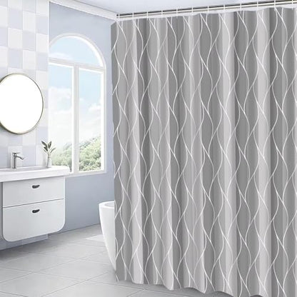DDQQ 4Pcs Grey Wave Lines Shower Curtain Set with Rugs Stripe Bathroom Set | Waterproof, Durable, Grey Shower Curtain with 12 Hooks, Non-Slip Rugs, Toilet Lid Cover, U Toilet Mat, Bathroom Decor - color: Grey