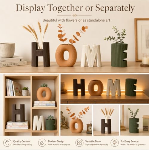 Home Sign Vases Set of 4, Ceramic Letter Flower Vases with Ribbed Texture, Modern Boho Decorative Vases for Living Room Shelf Decor, Entryway Table Centerpiece, Bookshelf, Office, Housewarming Gift