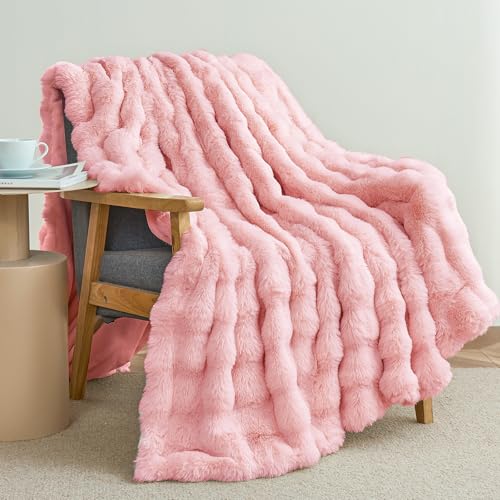 Faux Rabbit Fur Throw Blanket for Couch, Pink Throw Blankets 50"x60" | Cozy Reversible Fluffy Throw, Luxury Plush Thick Bubble Blanket, Mothers Gifts for Women, Soft Warm for Bed, Home Decor - color: Pink, size: Throw50"x60"