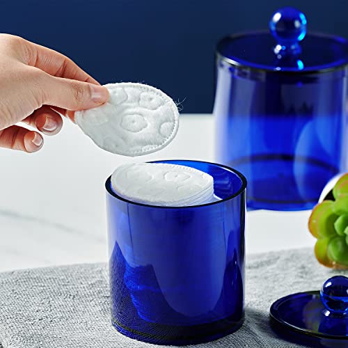 SheeChung 3 PCS Qtip Holder Bathroom Set with Tray, Acrylic Apothecary Jars | Blue Qtip Dispenser with Lid and Labels, Bathroom Qtip Holder Set for Cotton Ball, Cotton Swab 1 Pack Bathroom Vanity Tray - color: Blue