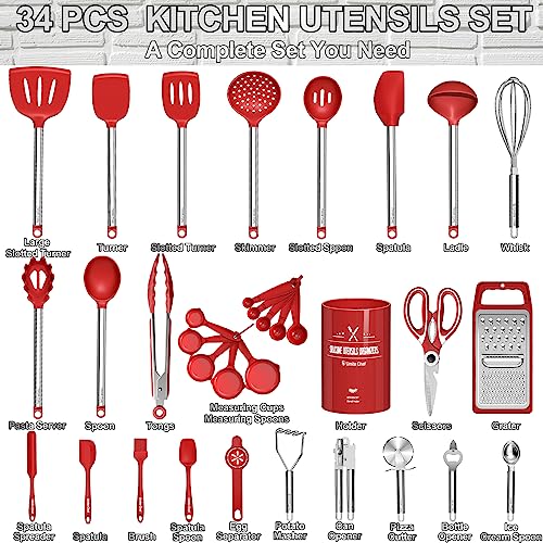 Kitchen Utensils Set- Umite Chef 34 PCs Cooking Utensils with Grater, Spoon Spatula, Heat Resistant Food Grade Silicone, Stainless Steel Handles Kitchen Gadgets Tools Set for Nonstick Cookware(Red) - color: Red