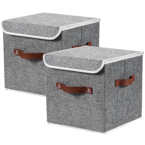 2PCS Storage Cubes with Lids Cotton Linen Fabric Bins Boxes | Decorative Foldable Washable Closet Shelf Organizer Clothes Container with PU Leather Handles, Flip-top Lid, Gray, 11in - color: Gray ( Flip-top Lid ), size: Set of 2 ( 11 in )