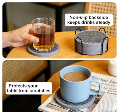 Absorbent Coasters for Drinks with Holder - 6packs, Silicone Coaster with Soft Felt Insert (4.3 inch Coasters with 4.5 inch Holder, Heathered Dark Gray) - color: Heathered Dark Gray