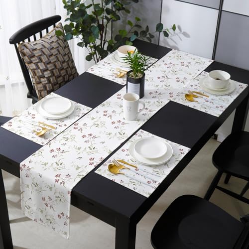 Table Runner and Placemats Set of 6 Flower Floral Branch Decorative Dining Table Runner with Matching Placemats Leaves Plant Nature Table Decor for Kitchen Dining Room and Everyday Use 13x70in - size: 13"x70"+6pcs