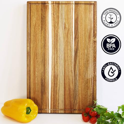 Acacia Wood Cutting Board for Kitchen, Thick Non Toxic Butcher Block | Hard Wood Edge Grain With Juice Groove 20" x 12.2" (Thick 1.7") Professional Heavy Duty Wooden Chopping Board (Oil Included) - color: Acacia Wood, size: 19.7"L x 12.2"W