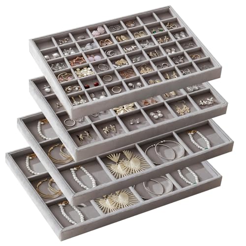 Large Velvet Jewelry Drawer Organizer Trays Set of 4 | Stackable Jewelry Trays Organizer Display Storage Showcase for Earring Necklace Bracelet Ring (Gray, 12+12+24+48 Grids) - color: Gray, size: 12+12+24+48 Grids