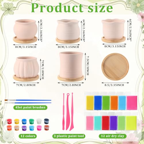10 Pcs 3.5 Inch Mini Succulent Pots with Bamboo Tray Paint Your Own Ceramic Pot Craft Kit Ready-to-paint Small Planters Container with Drainage Hole Paint Set Clay Kit DIY Craft for Plant Lover
