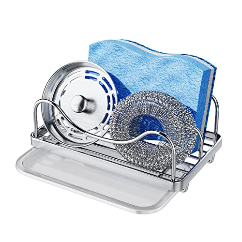 Consumest Sponge Holder for Kitchen Sink - Movable Sink Caddy for Countertop Organizer, 304 Stainless Steel Sponge Holder with Detachable Drip Tray for Kitchen Accessories-Silver - color: Silver