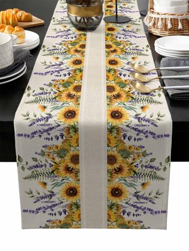 Spring Summer Floral Table Runner-Cotton Linen-36 Inch Holiday Dresser Scarves, Sunflower Lavender Wild Flowers Tablerunner for Kitchen Coffee/Dining Bedroom Home Living Room Dinner Scarf Décor - color: Flowers, size: 13x36 Inch