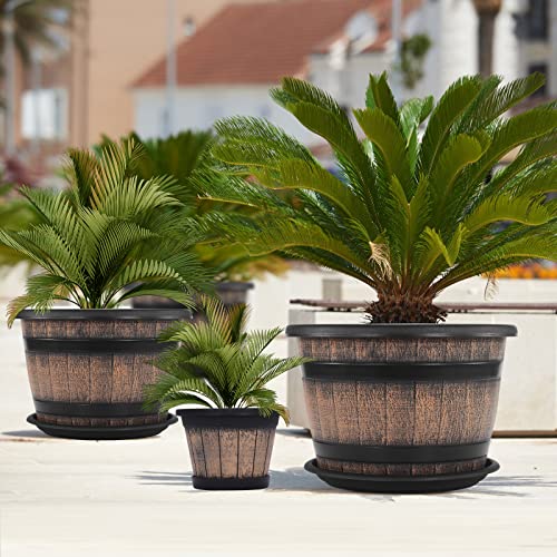 Quarut Plant Pots Set of 3 Pack 9 inch,Whiskey Barrel Planters with Drainage Holes & Saucer.Plastic Decor Flower Pots Imitation Wine Barrel Design,for Indoor & Outdoor Garden Home Plants (Brown) - size: 9 inches