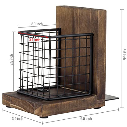 MyGift Book Ends for Desk, Decorative Farmhouse Bookends for Heavy Books with Pen Holders, Office Supplies Storage Baskets, Rustic Burnt Wood and Matte Black Metal Wire Basket, 1-Pair