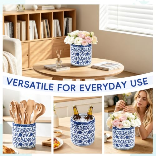 Large Blue and White Ceramic Utensil Holder Crock Chinoiserie Floral Design | Kitchen Countertop Organizer for Cooking Utensils Spatula Spoon Fork Home Decor Party