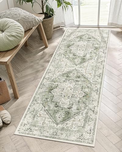 LIVEBOX Washable Runner 2x6 - Vintage Tribal Kitchen Rug, Long Entryway, Low-Pile for Bedroom, Non-Skid Soft Carpet Throw for Bathroom Laundry Room Hallway Sage - color: Medallion Sage, size: 2' x 6' (Runner)