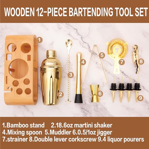 JNWINOG 12Pcs-Cocktail Shaker Set Stainless Steel Bartending Kit 18.6oz Cocktail Bar Set Cocktail Mix Drink Making Kit Professional Bar and Home Drink Bar Tools for Bartender(Gold, 12Pcs) - color: Gold, size: 12Pcs