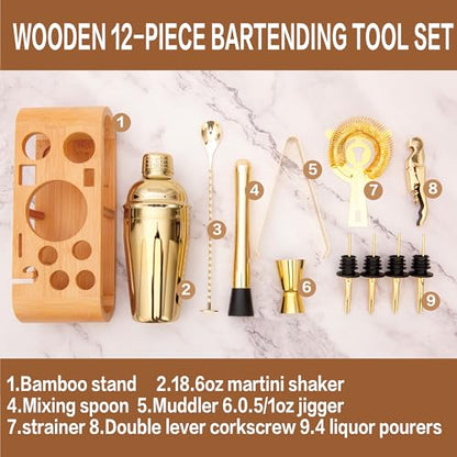 JNWINOG 12Pcs-Cocktail Shaker Set Stainless Steel Bartending Kit 18.6oz Cocktail Bar Set Cocktail Mix Drink Making Kit Professional Bar and Home Drink Bar Tools for Bartender(Gold, 12Pcs) - color: Gold, size: 12Pcs