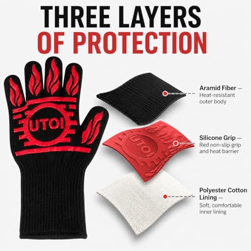 BBQ Grill Gloves, 1472°F Heat Resistant, Long Cuff, XL Non-Slip | Designed for campfire cooking, fire pits, smokers and grilling with silicone grip, EN407 certified protection. - color: Red and Black Bbq Gloves