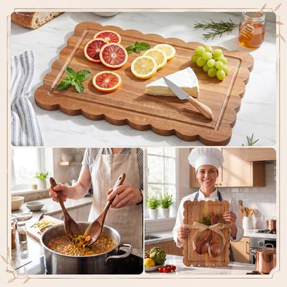 3 Pcs Housewarming Wedding Bridal Shower Kitchen Gift, Acacia Wood Scalloped Cutting Board with Salad Spoon Fork, Wooden Charcuterie Serving Tray Platter for New Home Party Table Decoration