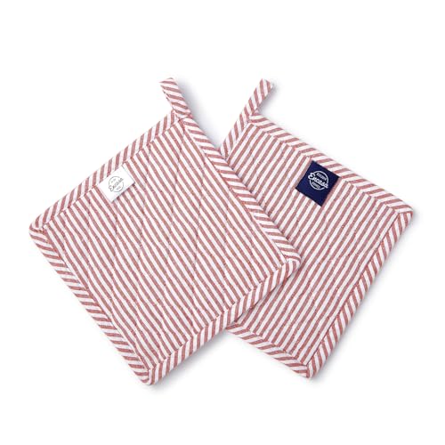 Encasa XO Pot Holders, Quilted Kitchen Hot Pads 8"x8" Ticking Red | 100% Eco-Friendly Cotton | Thick Cotton Padding Insulation | Convenient Hanging Loop | Set of 2 - color: Ticking Red