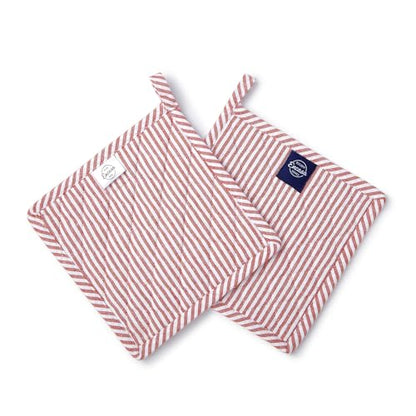 Encasa XO Pot Holders, Quilted Kitchen Hot Pads 8"x8" Ticking Red | 100% Eco-Friendly Cotton | Thick Cotton Padding Insulation | Convenient Hanging Loop | Set of 2 - color: Ticking Red