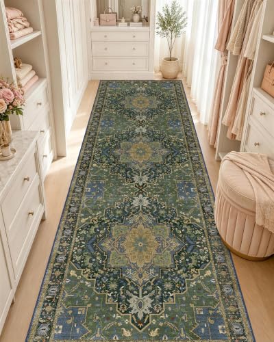 OLANLY 2x7 Washable Runner Rug, Soft Non Slip Carpet for Hallway Kitchen | Dark Green Boho Vintage Floral Medallion Farmhouse Rug, Spill & Stain Resistant Low Pile, for Entryway Laundry Office Bedroom - color: Dark Green, size: 2' x 7' (Runner)