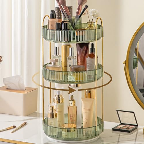 Aveniee 360 Rotating Makeup Organizer for Vanity, Perfume Storage with Brush Holder for Bathroom Countertop, 3 Tier Spinning Skincare Display Case for Lipstick Cosmetic Lotion,Green - color: Gem Green, size: New-3 Tier