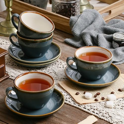SHUER Ceramic Cappuccino Cup Set of 4, 11.2 OZ Cups and Saucers Set,Coffee Mocha Cup Sets,Black Coffee Cups and Glaze Americano Mug Great for Party and Low Tea Time (Blue 320ml) - size: Large(320ml)