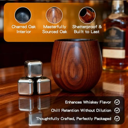 Wooden Whiskey Cup Gift Set with 6 Whiskey Stones | Includes 2 handcrafted wooden whiskey cups,6 stainless steel whiskey stones,gift box,coasters and tongs