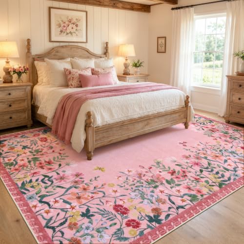 Wonnitar 8x10 Washable Area Rug, Pink Floral Rug for Girls Bedroom, Boho Botanical Large Carpet for Living Room, Non Slip Cute Nursery Rug, Farmhouse Kids Playroom Decor (8x10 Pink) - color: Pink, size: 8' x 10' (Rectangular)