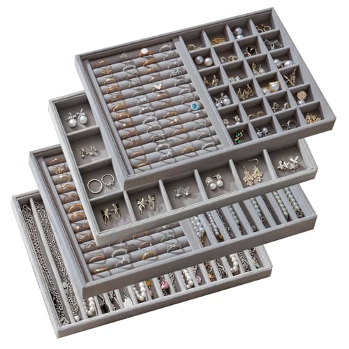 Large Velvet Jewelry Drawer Organizer Trays Set of 4 | Stackable Jewelry Trays Organizer Display Storage Showcase for Earring Necklace Bracelet Ring (Gray, R1+R2+16+24 Grids) - color: Gray, size: R1+R2+16+24 Grids