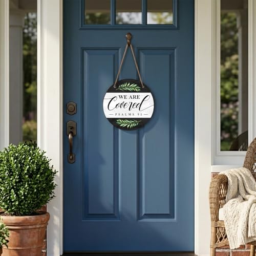 Christian Welcome Wood Hanging Sign Wall Decor for Home Front Door, We Are Covered Farmhouse Christian Bible Verse Wooden Sign Decorations for Home Entryway Living Room Bathroom Kitchen