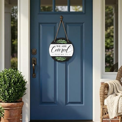 Christian Welcome Wood Hanging Sign Wall Decor for Home Front Door, We Are Covered Farmhouse Christian Bible Verse Wooden Sign Decorations for Home Entryway Living Room Bathroom Kitchen