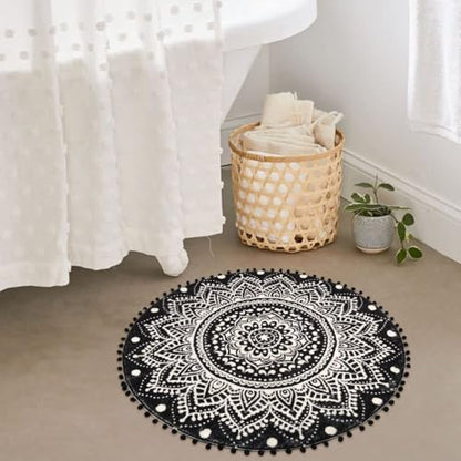 Uphome Small Round Rug 2.3’ Black Mandala Boho Bathroom Rugs with Pom Poms Fringe Washable Circle Shower Mat Soft Non-Slip Cute Circular Throw Rug for Sink Powder Room Bedroom Kids Room Nursery - color: Black-upgraded, size: 2.3' Round