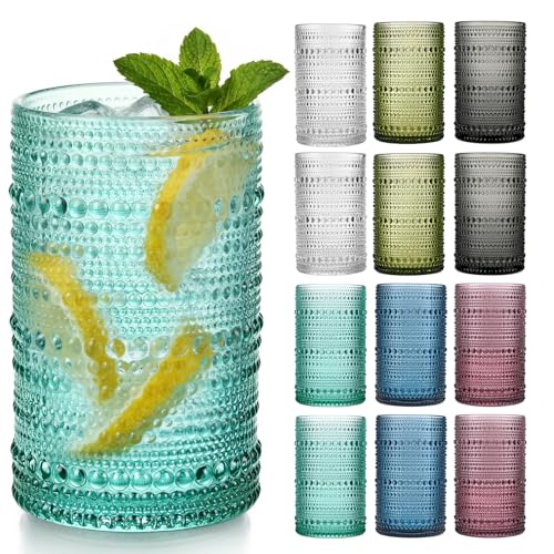 Moretoes12 Pack 12 Oz Vintage Drinking Glasses Set,Water Glass Cups | Colored Hobnail Drinking Glasses Kitchen Bar Tumbler Glassware Set for Whiskey, Beer, Juice, Milk and Various Mixed Drinks - color: Multicolor, size: 12pcs