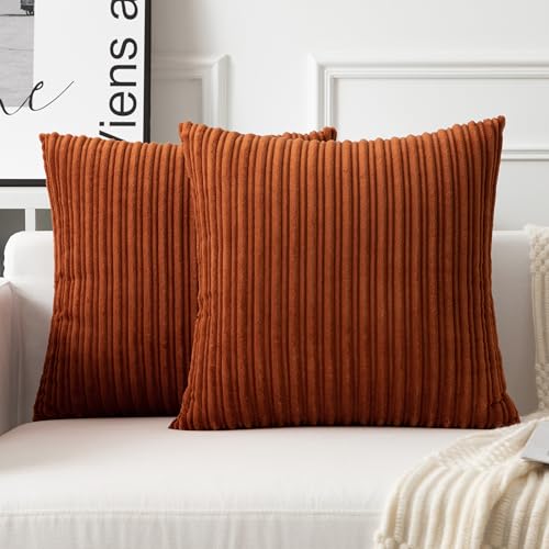 UGASA Fall Velvet 18x18 Inch Soft Throw Pillow Covers Decorative Corduroy Striped Both Sides Solid Square Cushion Cases Boho Farmhouse for Couch Bedroom Sofa Home, Pack of 2, Burnt Orange - color: Burnt Orange, size: 18" x 18" (Pack of 2)