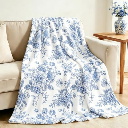 JarThenaAMCS Floral Fuzzy Blanket Blue Flower Throw Blanket Decorative Soft Cozy Flannel Blankets for Home Bed Sofa Couch Chair, 60 x 70 Inch - size: 60 x 70 Inch
