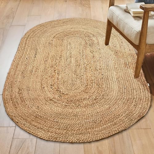 Hand Woven Natural Jute Braided Area Rug – 4x6 Feet Oval | Vintage Boho Reversible Rug for Living Room, Bedroom, Dining Area, Entryway | Farmhouse Natural Fiber Floor Covering - size: 4' x 6' (Oval)
