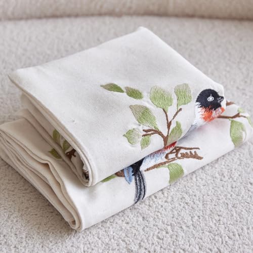 1PS Three Birds Branch Embroidery Craft Throw Pillow Cover, Natural Linen Fabric Decorative Cushion Cover, No Insert for Farmhouse Sofa Home Decor (Beige, 45x45cm) - size: 17.7" x 17.7" (Pack of 1)
