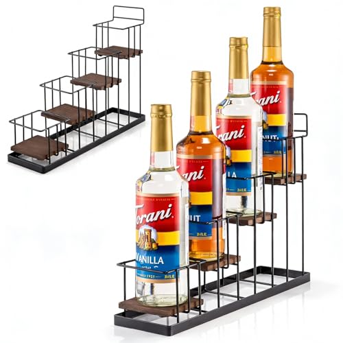 Coffee Syrup Rack Organizer, with Rustic Wood Holder Coffee Station Bar Accessory for Syrup, Wine, Dressing Bottle Countertop Display Storage Stand for Kitchen with Basket and Hooks Holds 4 Bottles